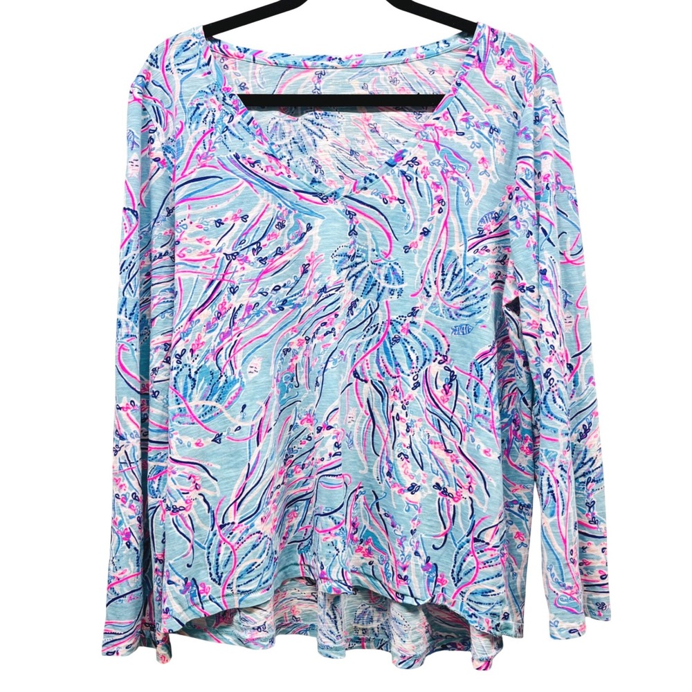 Lilly Pulitzer Blue Pink Tropical Print V-Neck Long Sleeve Cotton Top XL